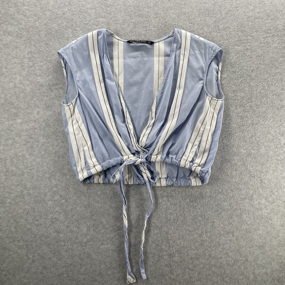 Zara Basic Crop Blouse Top Womens Medium Blue White Striped Sleeveless Tie Front